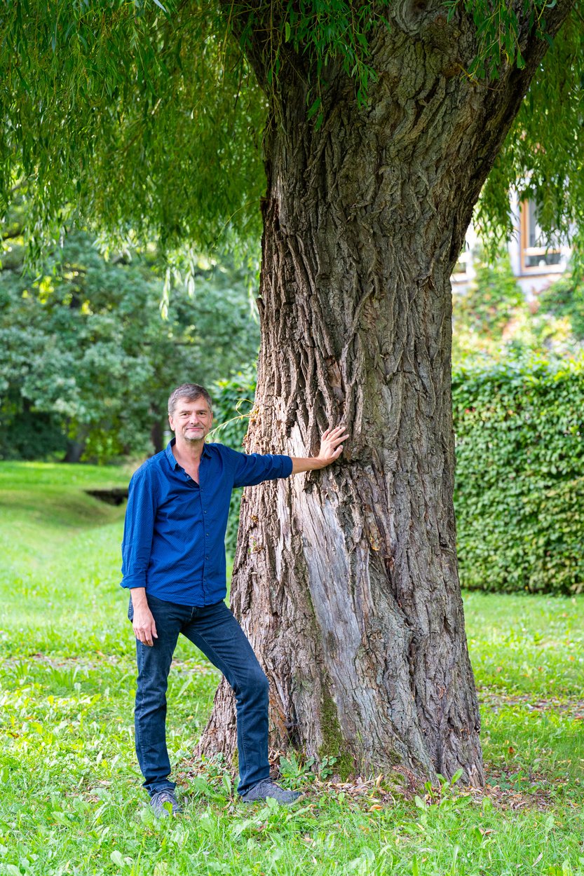 Jens Geithner steht im blauen Hemd an einem alten Baum auf einer grünen Wiese